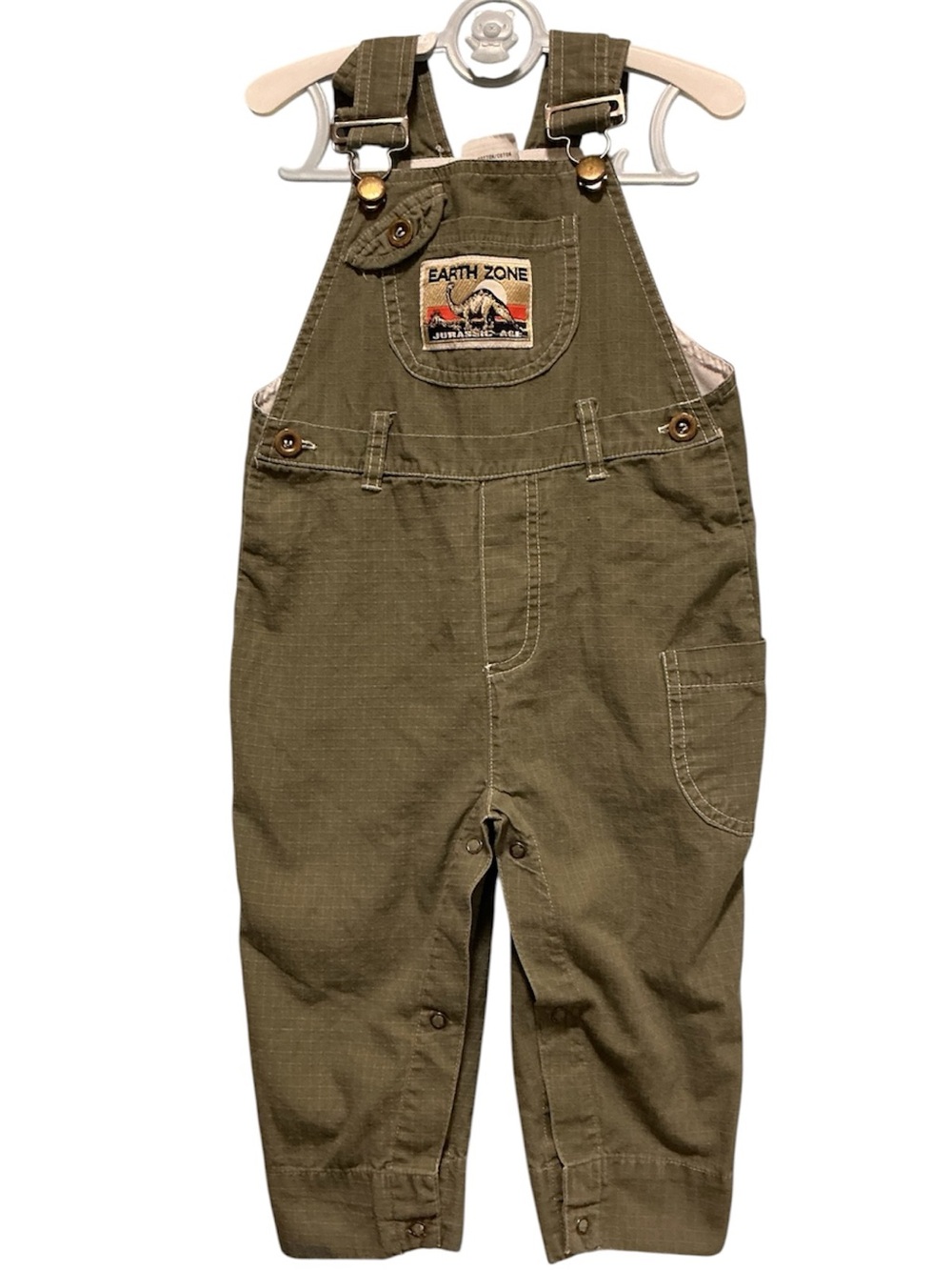 Vintage Dinosaur Olive Green Kids Overalls